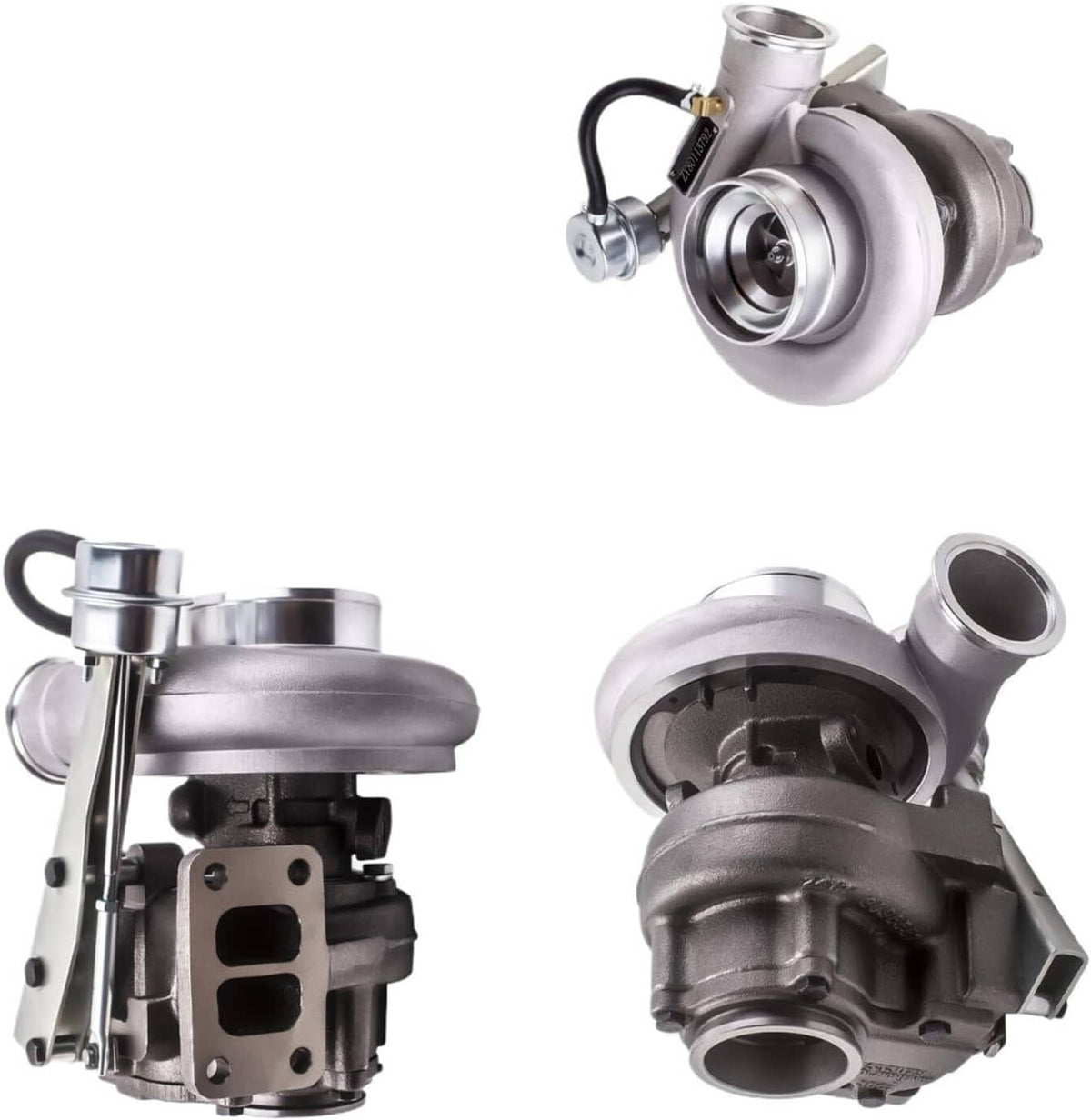 Turbocharger with silver compressor and dark turbine housing, angled view