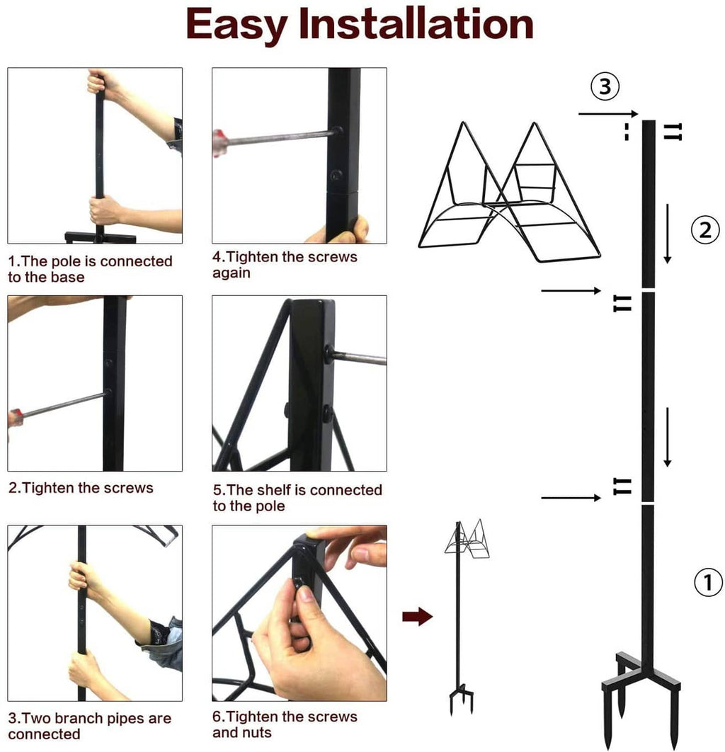 Garden hose holder stand with detachable base and shelf brackets shown