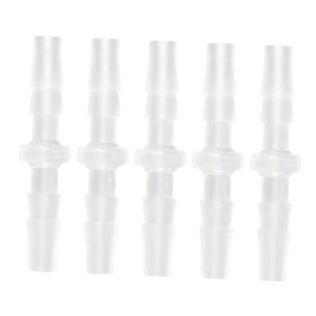 5-pack clear plastic barbed hose connectors with gripping barbs for tubing