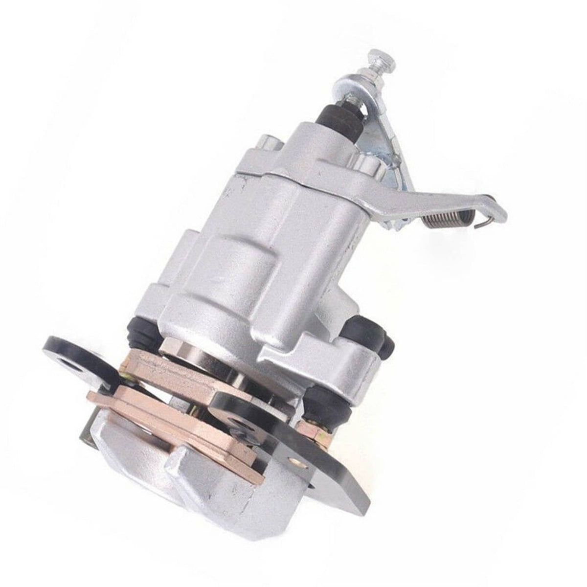 Rear brake caliper with pads, underside view with silver frame and brown brake pads