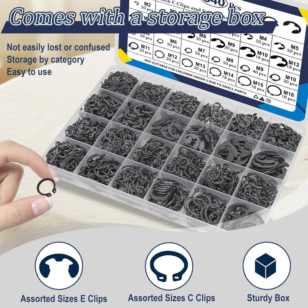 Black clip assortment storage box with categorized compartments and mixed C/E clips
