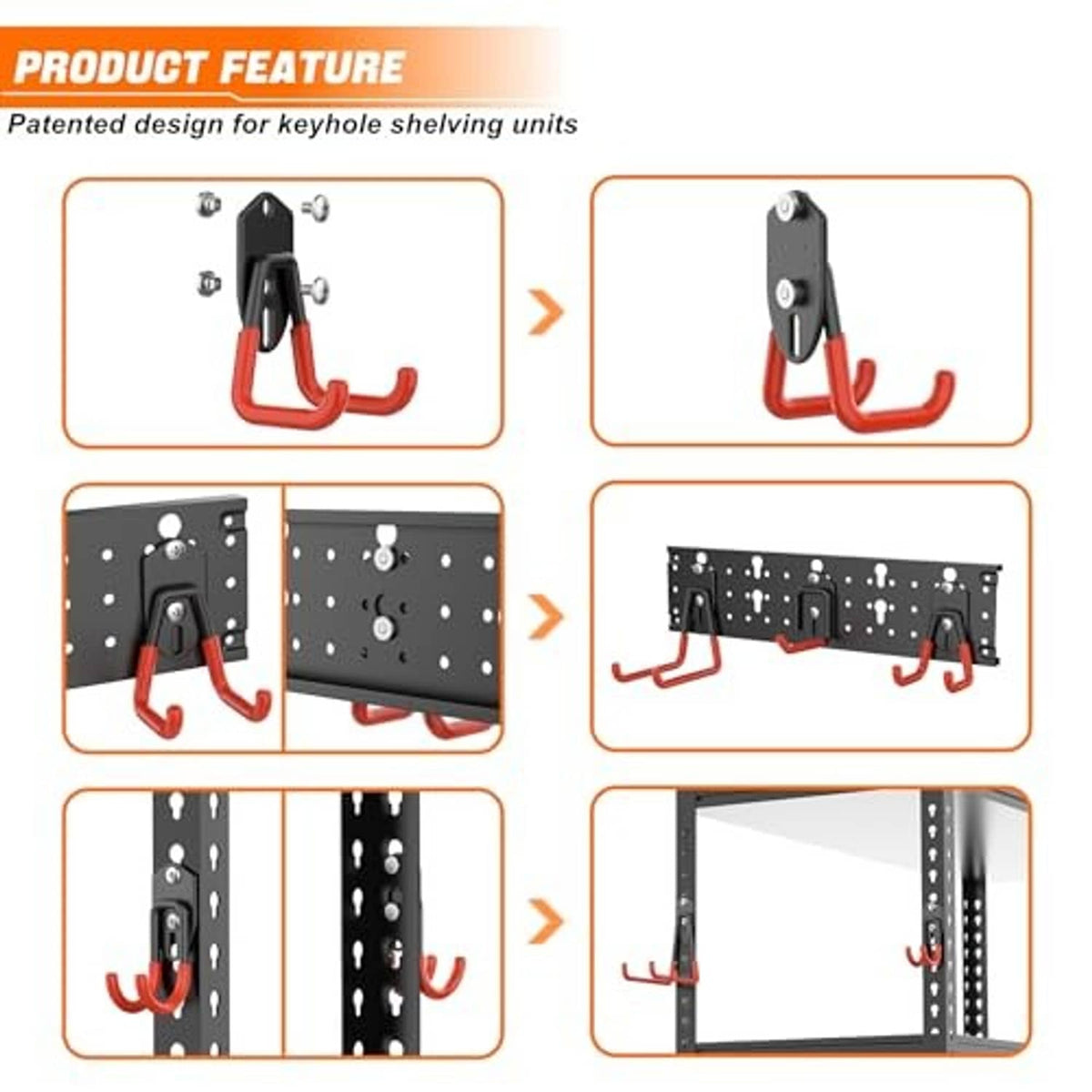 Garage hook and track system diagram: black mounts with red-orange hooks