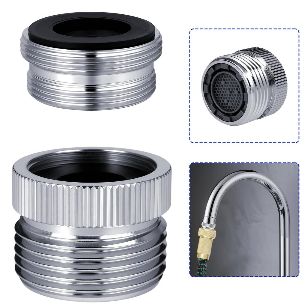 Silver faucet-to-garden hose adapter with built-in aerator screen and threaded coupling