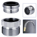 Silver faucet-to-garden hose adapter with built-in aerator screen and threaded coupling