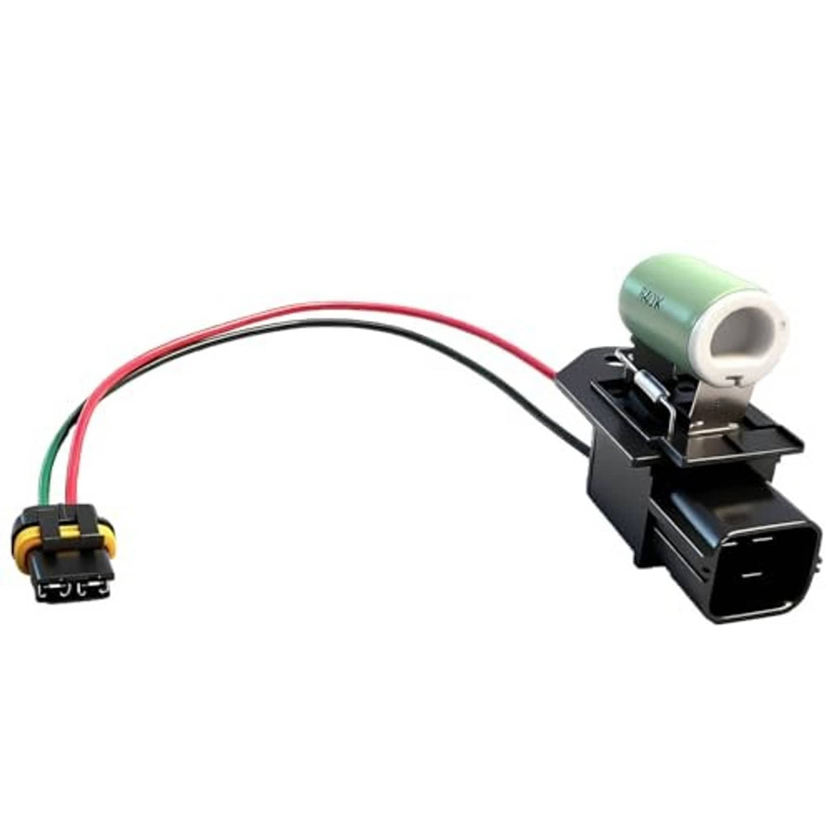 Radiator fan motor wiring harness with green motor coil and plug housing, red/black leads