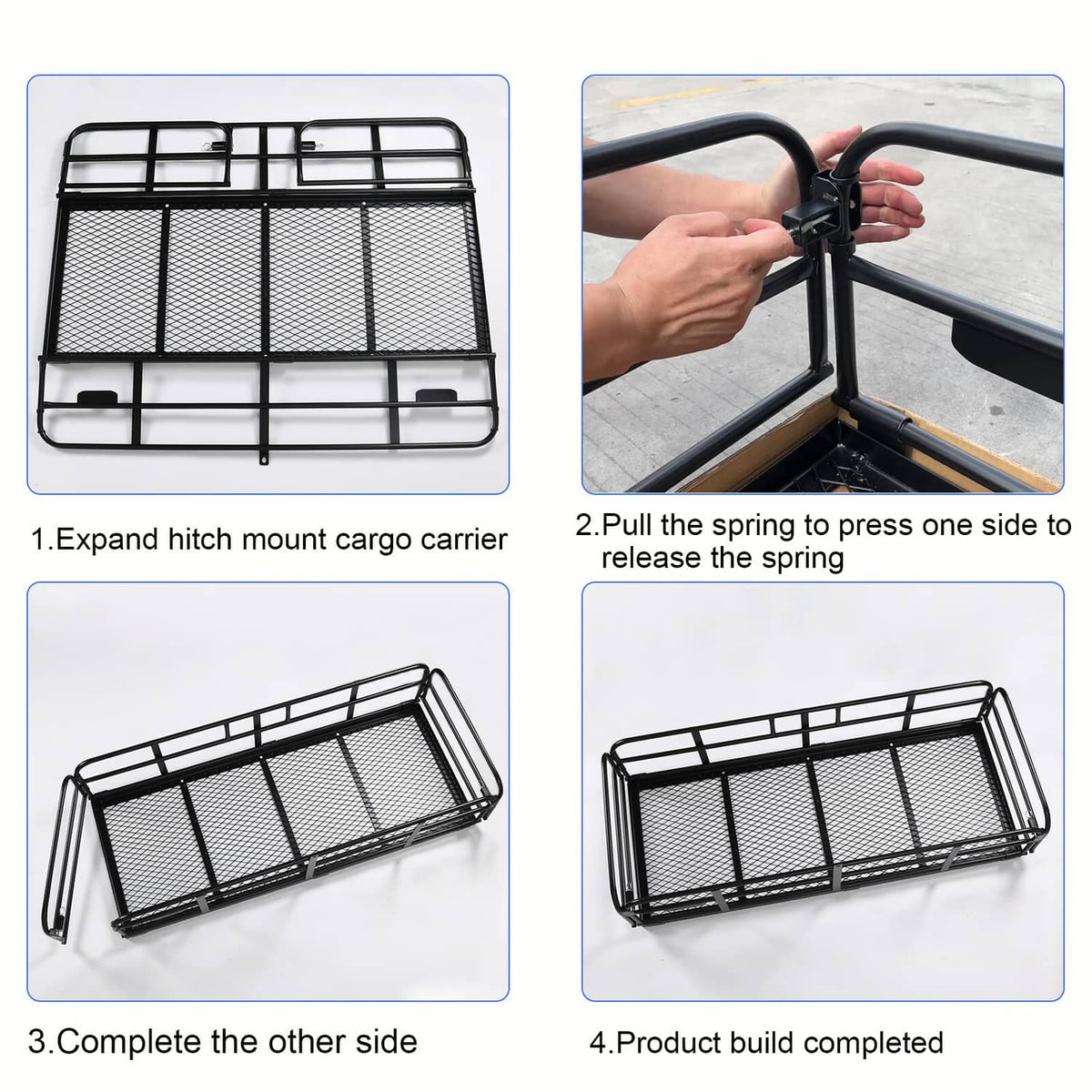 Hitch cargo carrier rack components and fold-out build steps with mesh platform