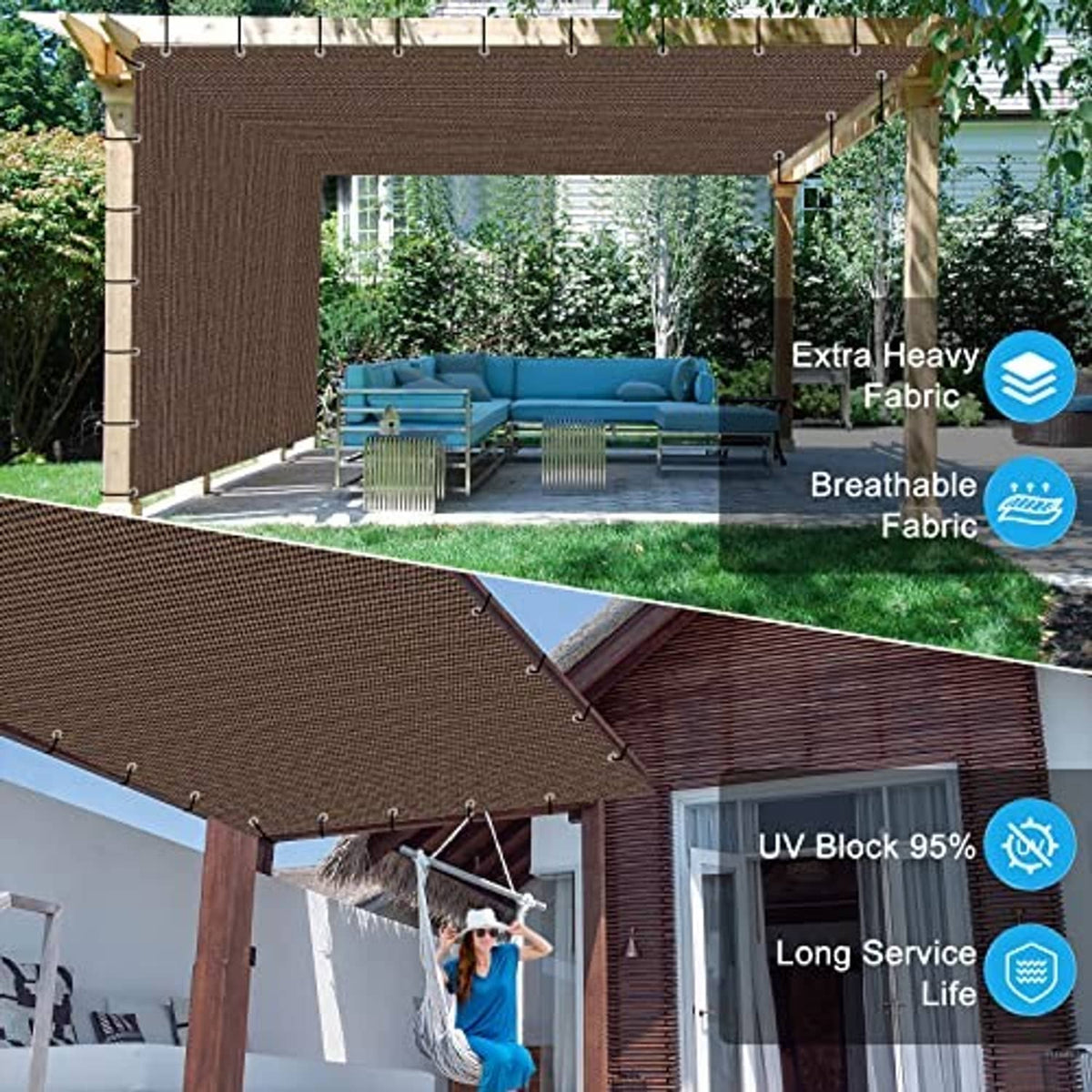 Rectangular mocha-brown shade cloth stretched over pergola, multiple grommets