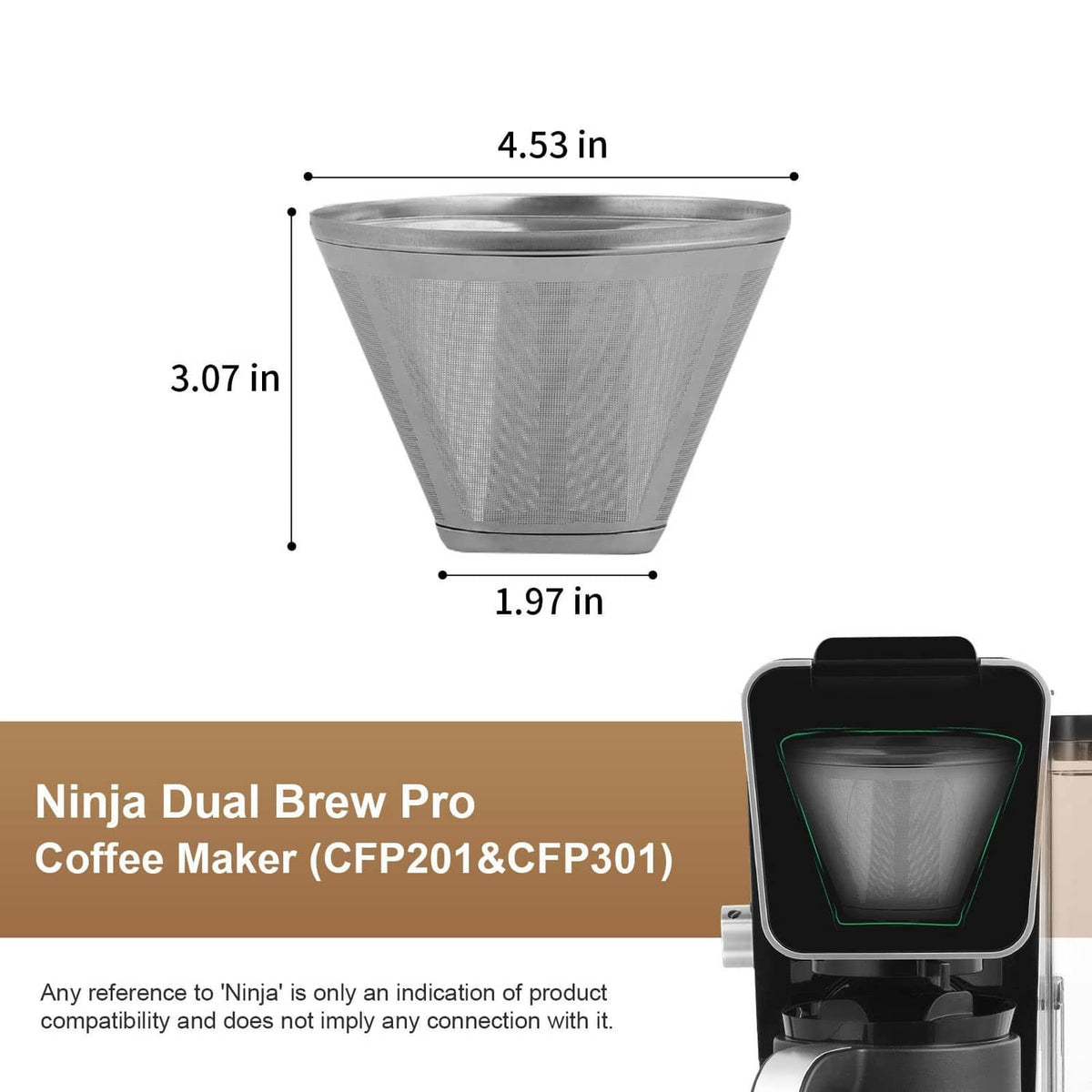 Stainless steel mesh coffee filter cone with handle, compact reusable design