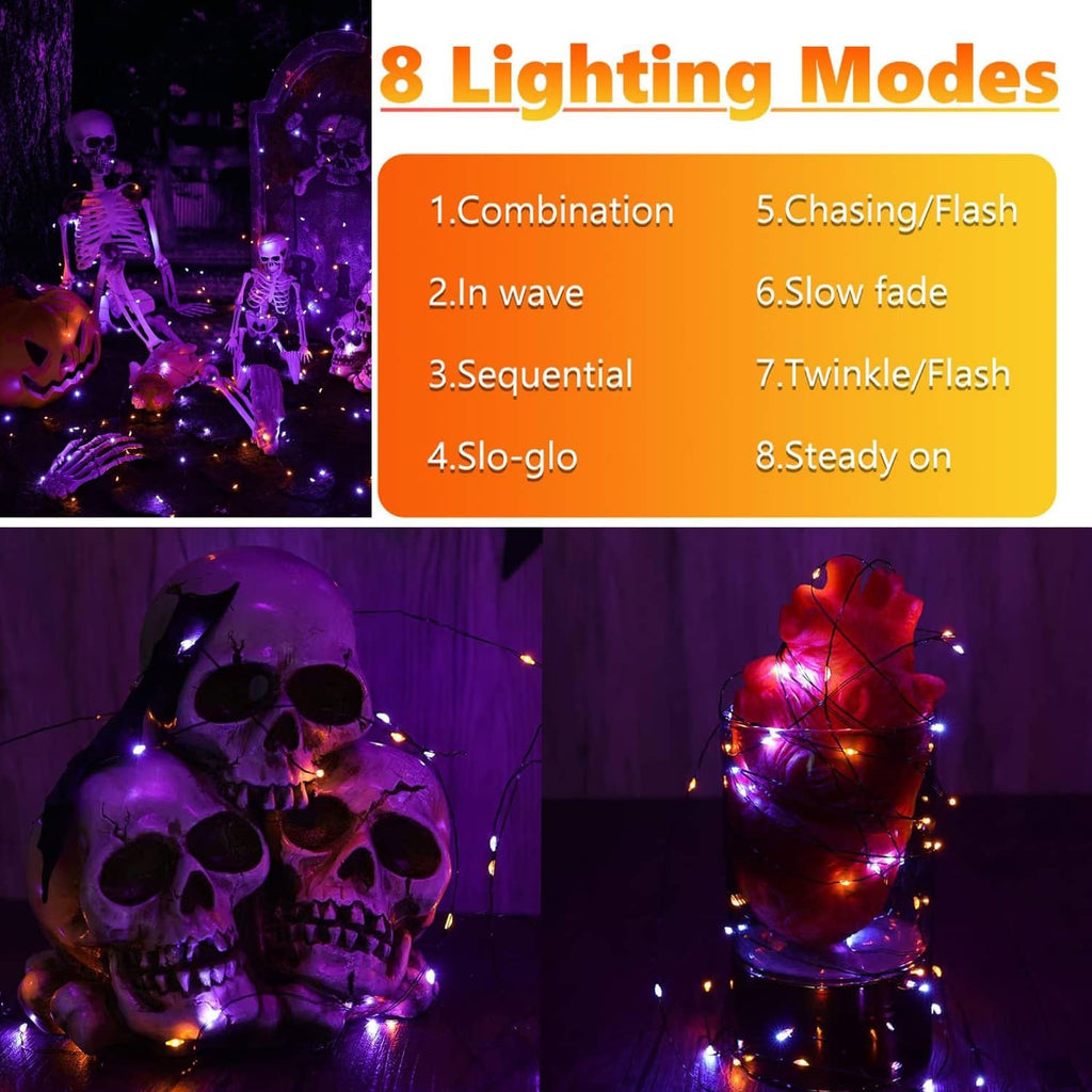 Halloween solar string lights with purple glow around skull and pumpkin yard decor