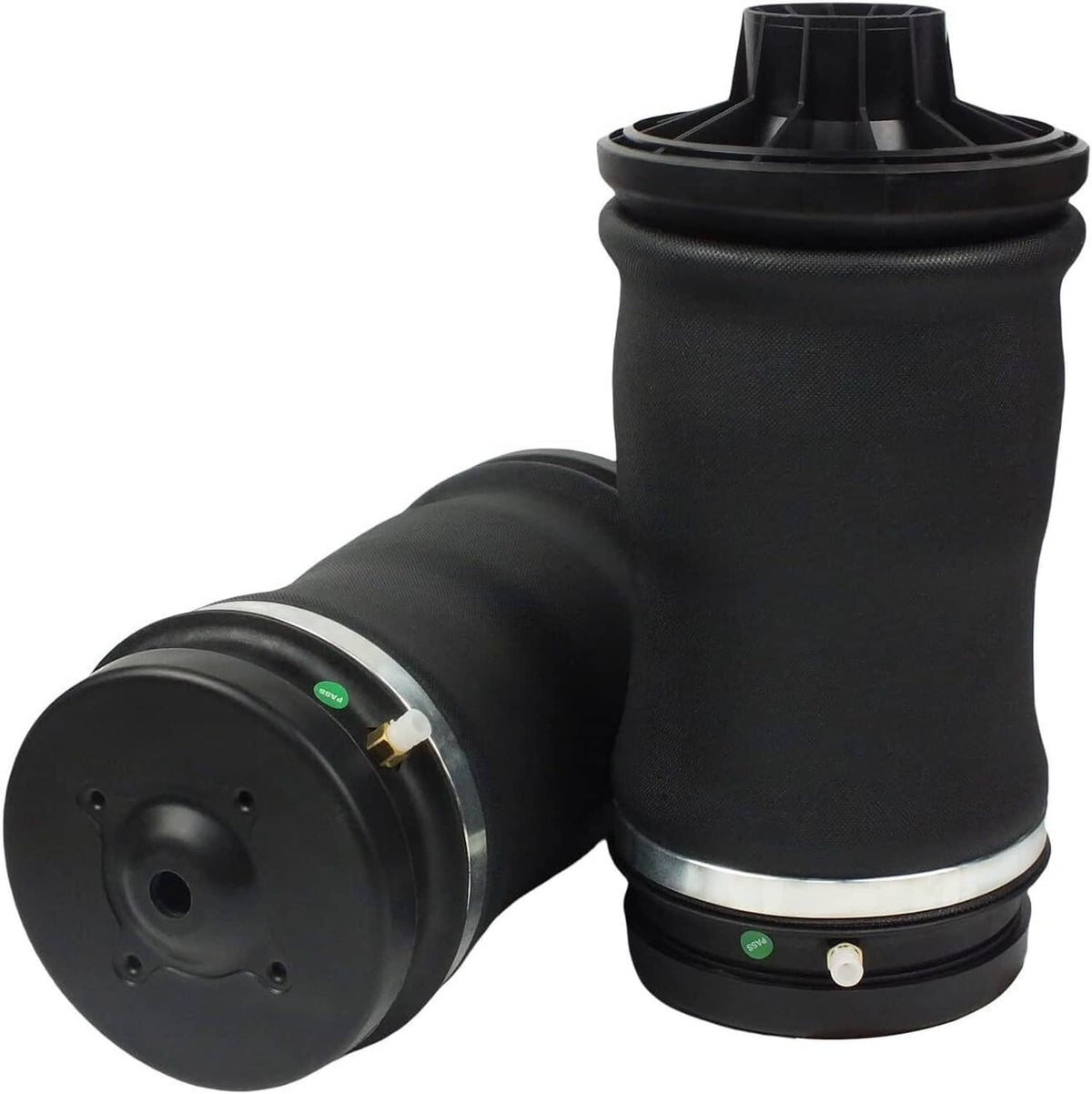 Pair of rear air suspension spring bags with black rubber body and end caps.