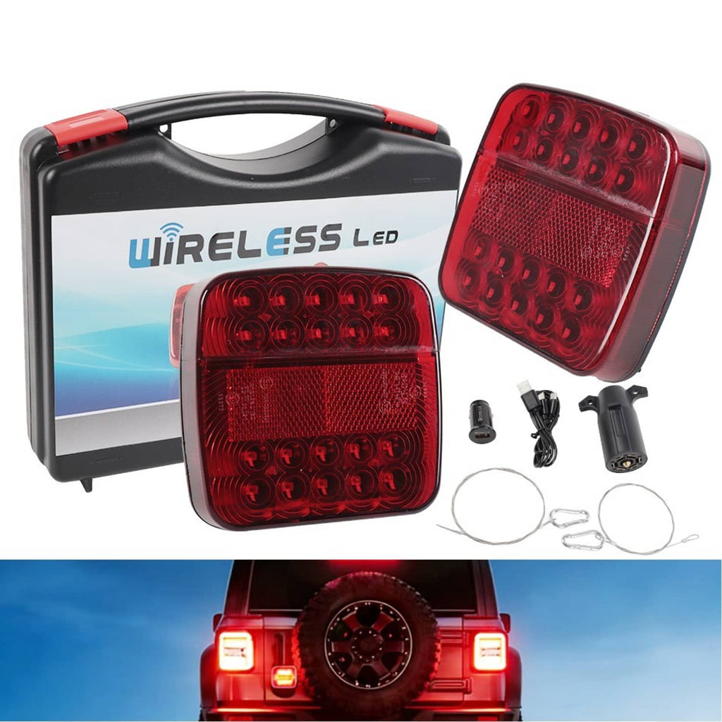 Wireless magnetic LED trailer tail lights kit with two red square lamps and wiring accessories