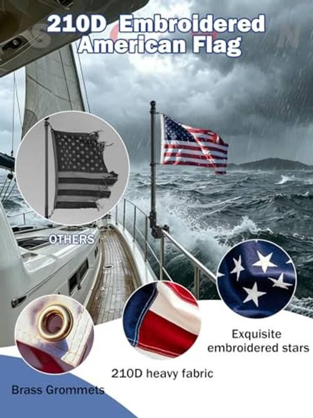 Embroidered American flag with brass grommets and heavy fabric for boat pole kit