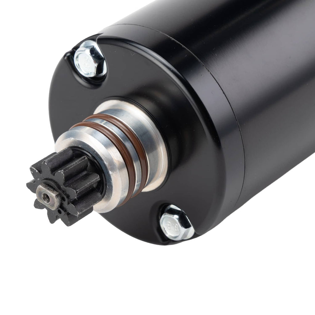 Black starter motor end cap with drive assembly and copper-colored shaft spring