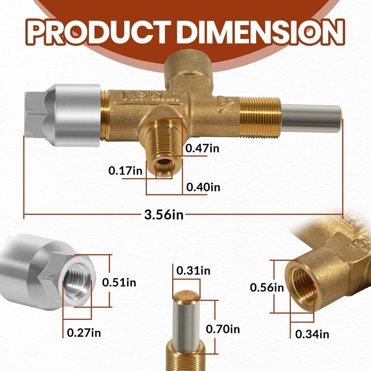 Gas valve extension plug brass body with silver ends; product dimension diagram