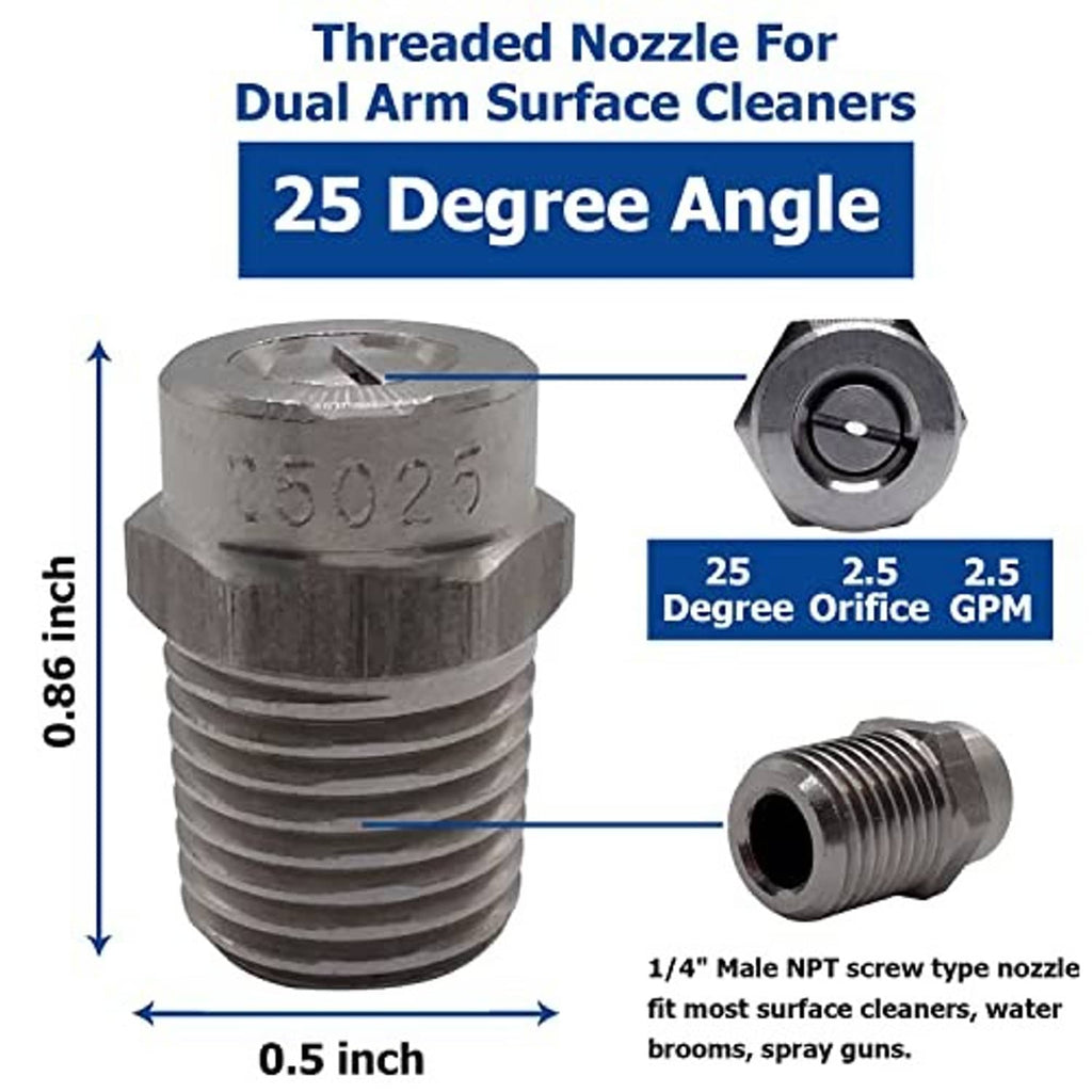 Stainless steel surface cleaner nozzle tip with 1/4 in male NPT threaded connection