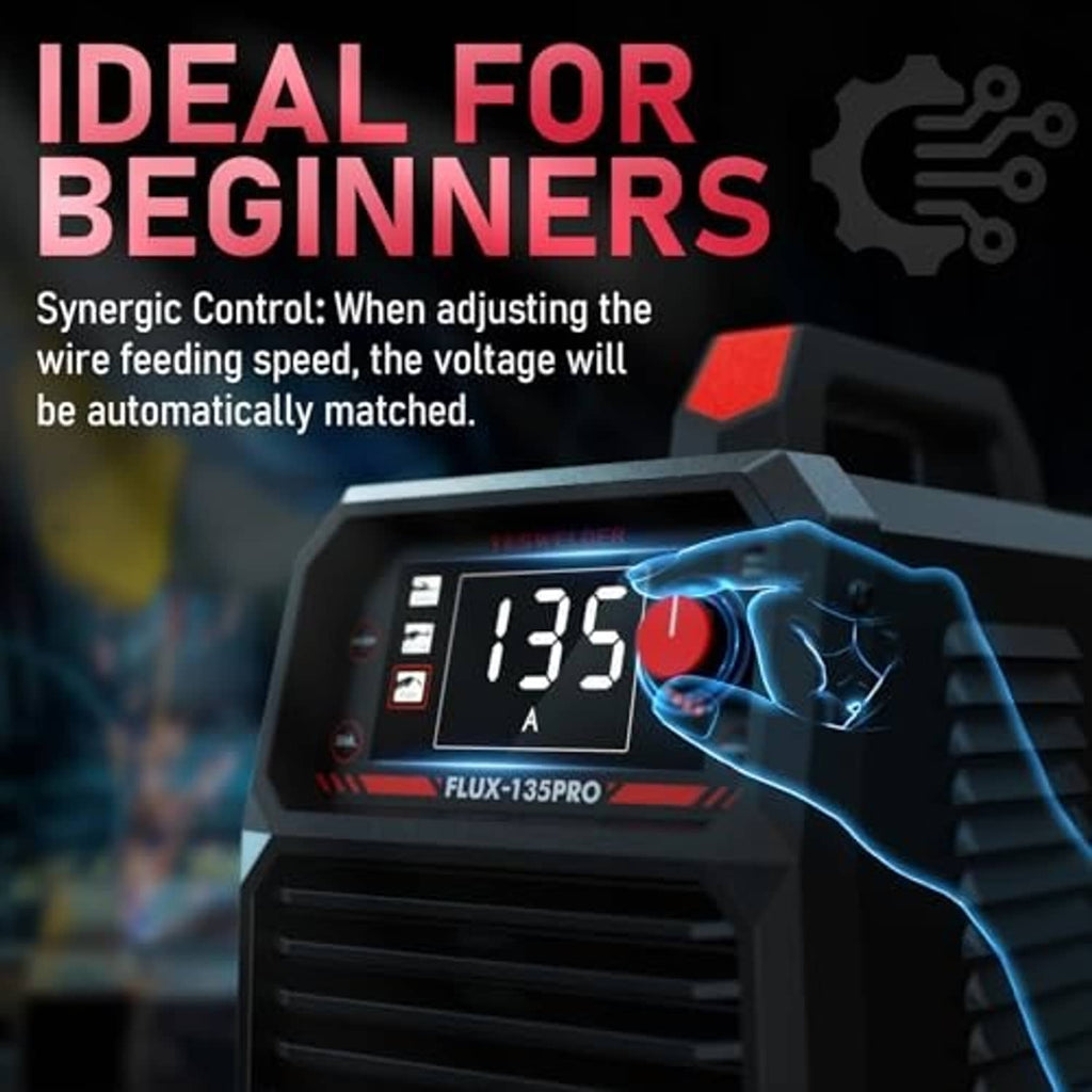 Flux core welder control with 135A digital screen and hand gesture overlay