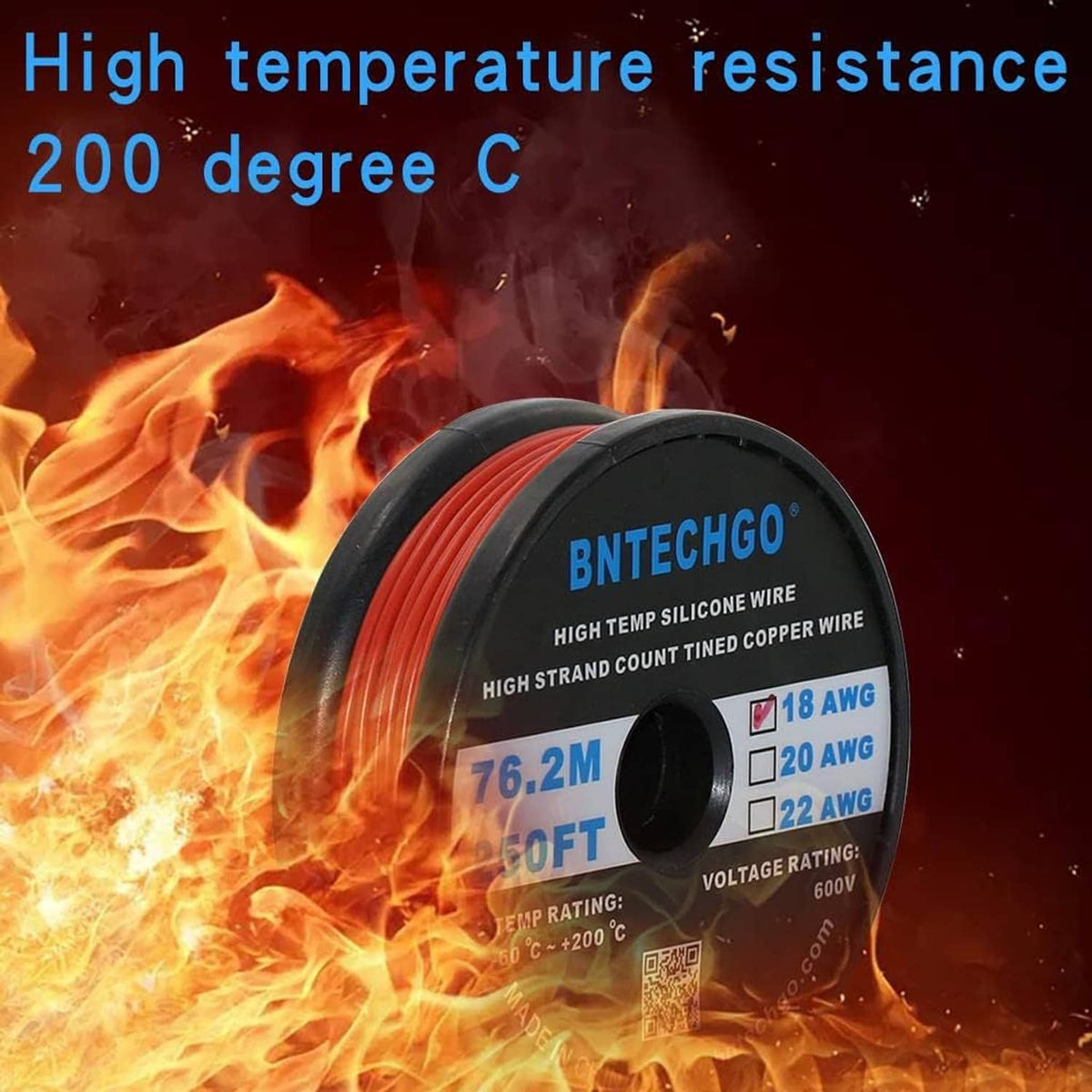 Red 18 AWG silicone insulated wire spool on black reel, tinned copper wire