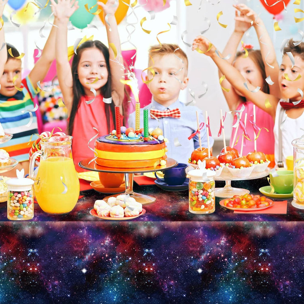 Galaxy starry space plastic tablecloth covering party table, dark purple blue starry print