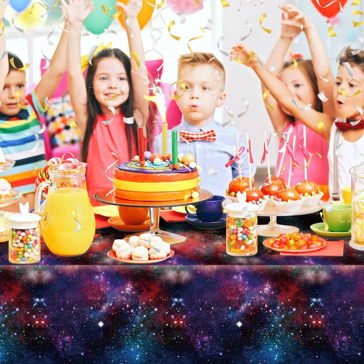 Galaxy starry space plastic tablecloth covering party table, dark purple blue starry print
