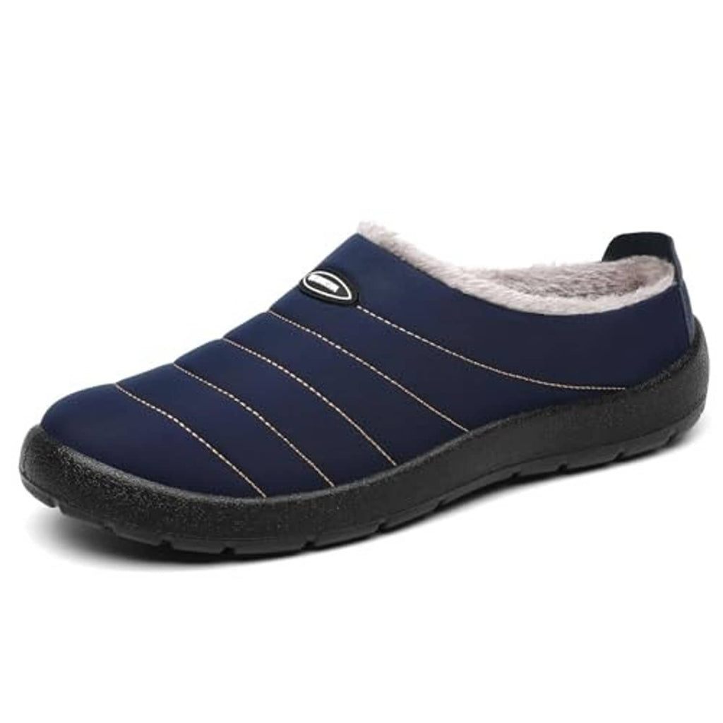 Dark blue slip-on house slippers with white faux-fur lining and stitched stripe panels
