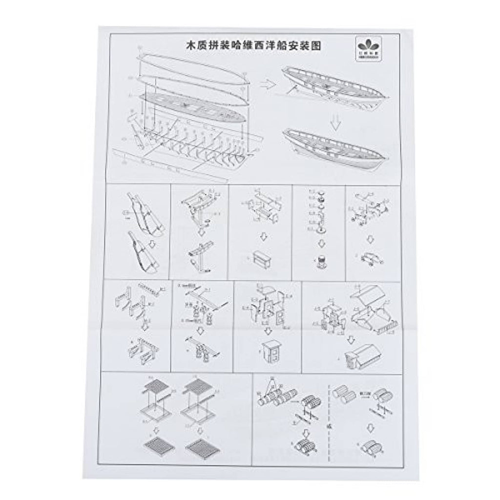 Printed assembly instruction sheet with diagrams for wooden sailboat