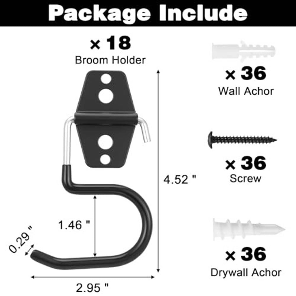 Set of 18 broom holders with U-shaped rubber-coated hooks and included screws/anchors