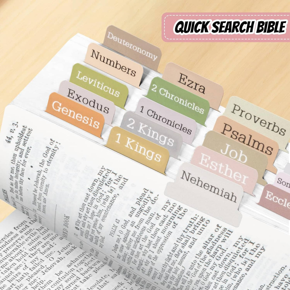 Color-coded laminated Bible tabs for quick searching across book sections