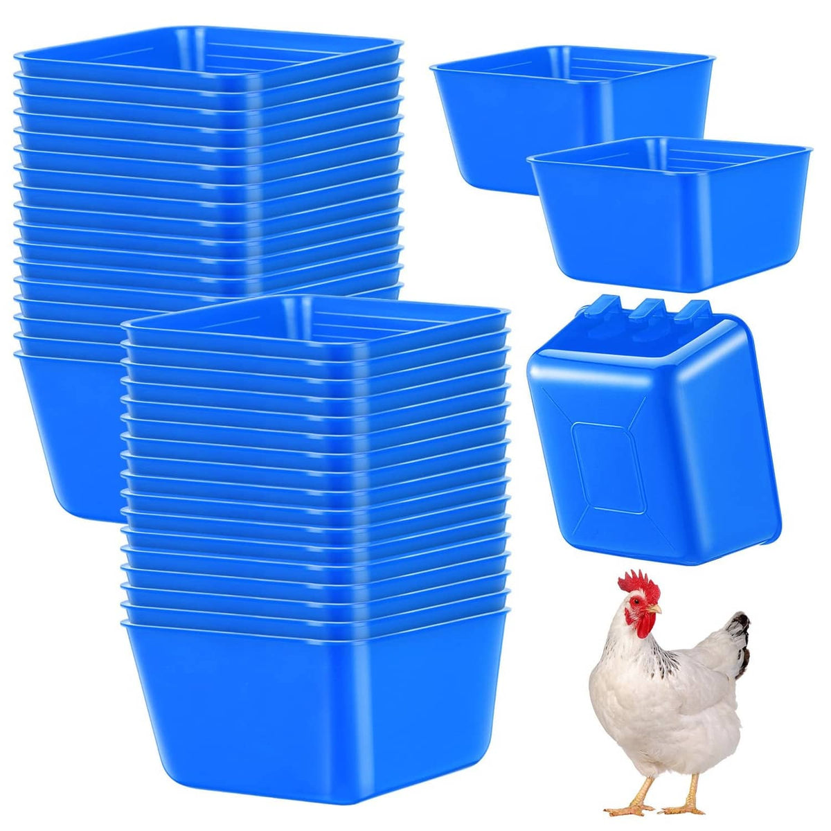 Blue plastic water feeder cups set with stacked cups and hinged feeder container