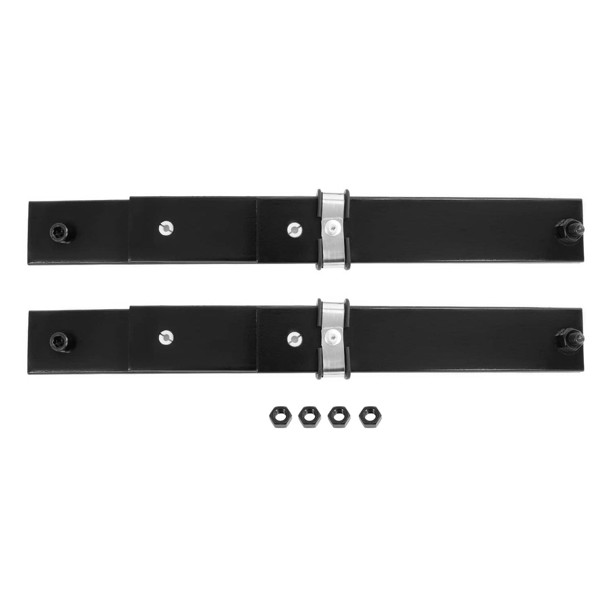 Two black front leaf spring assemblies with mounting bolts and four hex nuts
