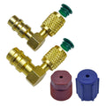 Gold A/C refrigerant retrofit adapter set with green ports and red/blue caps