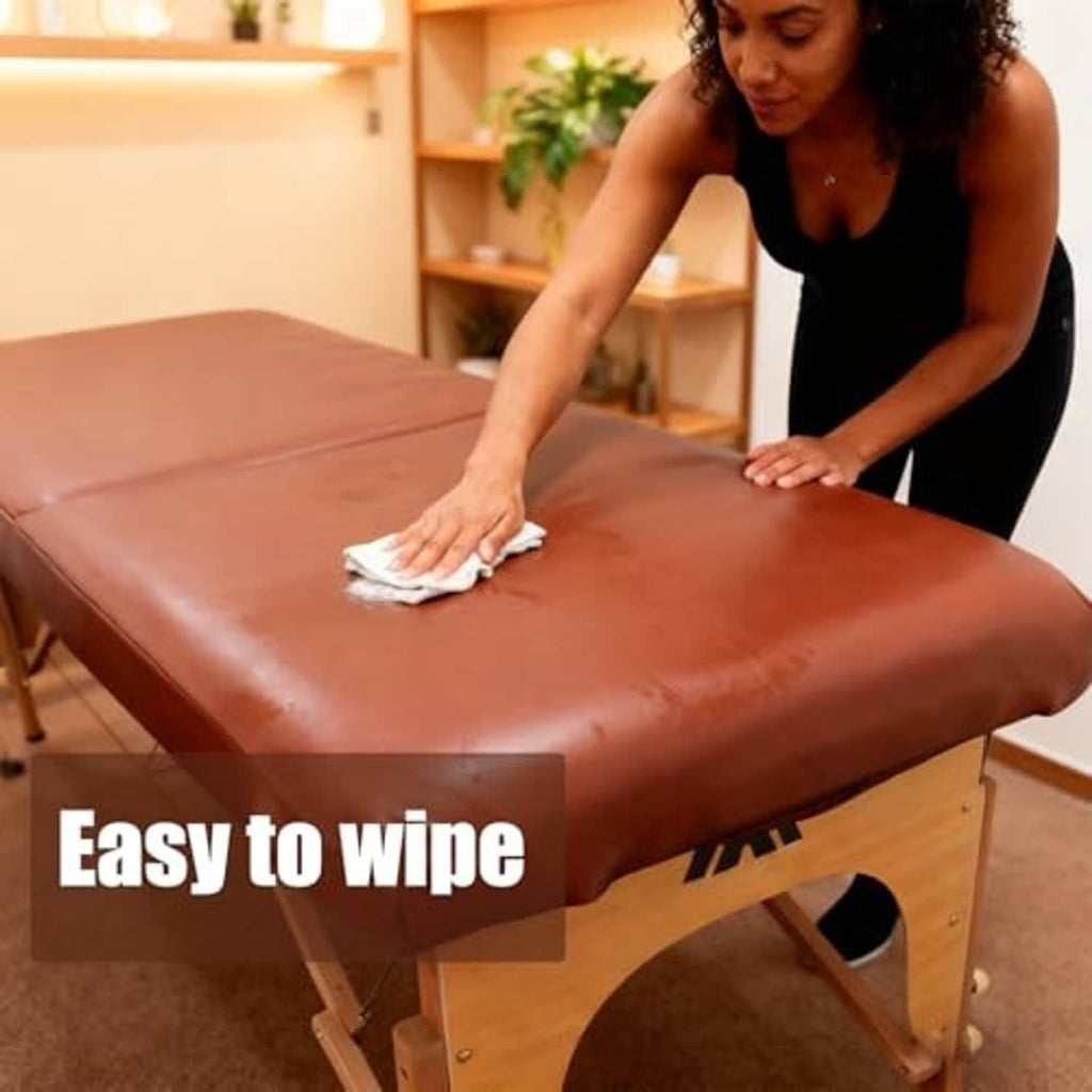 Brown PU vinyl massage table cover with wipe-clean surface on square bed