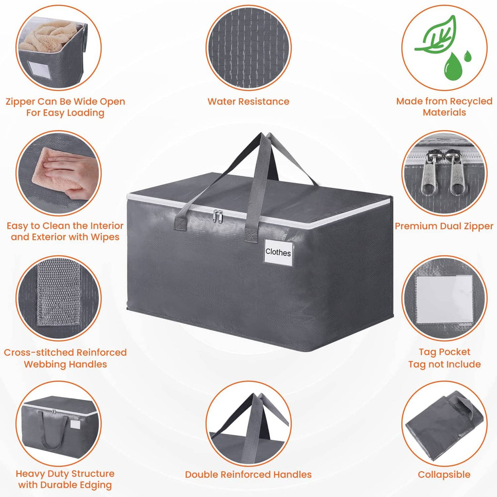 Gray moving storage bag with dual zippers, tag pocket, and reinforced carry handles