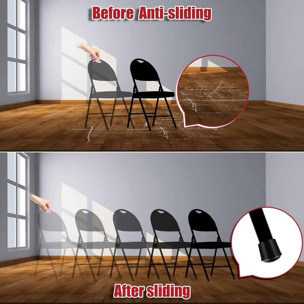 Black rubber chair leg caps on folding chair legs to help prevent slipping