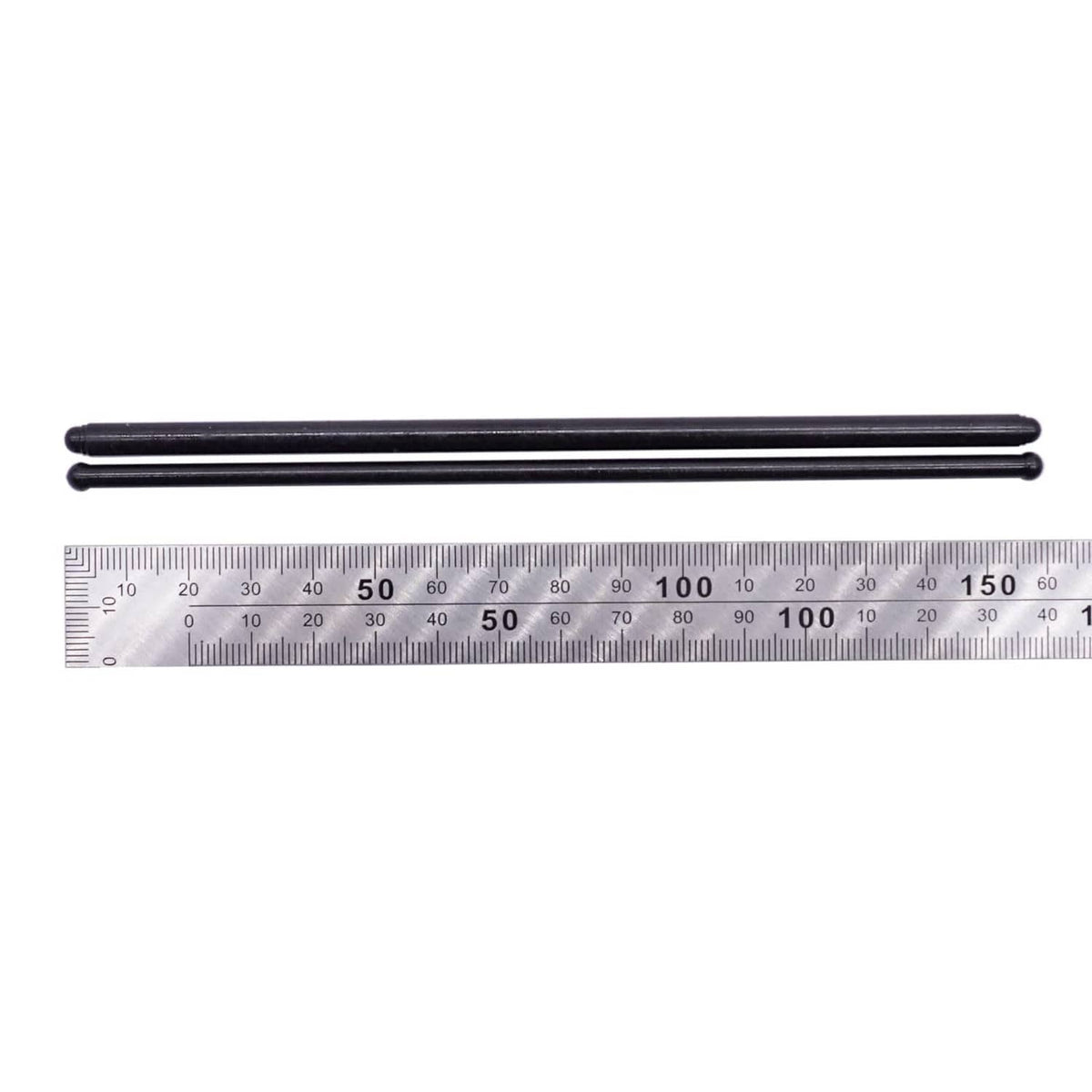 Two black push rods, straight metal bars shown beside a measuring scale