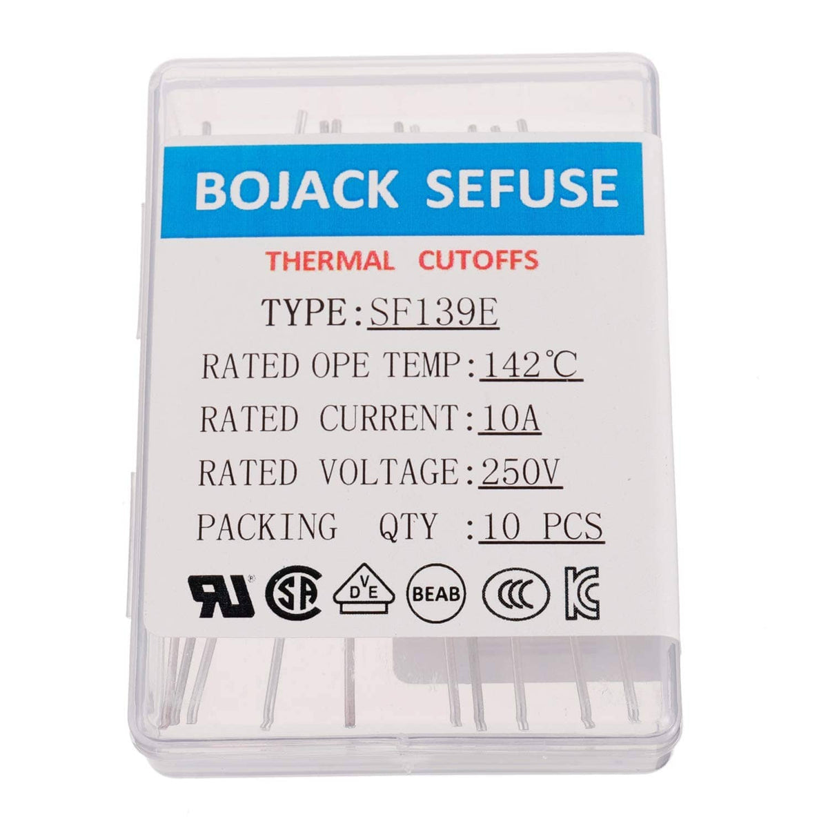 Thermal fuse box labeled BOJACK SEFUSE SF139E, rated 10A 250V, 142°C