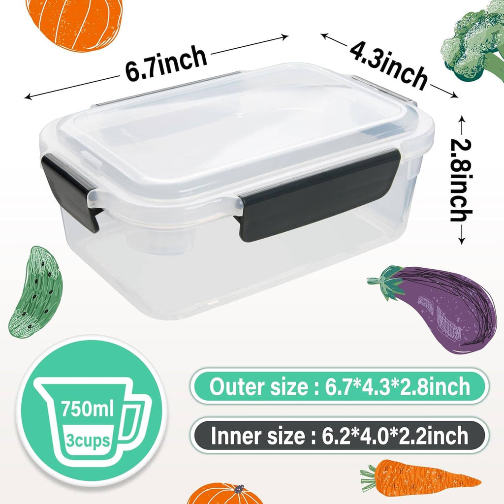 Clear rectangular 3-cup plastic food container with black latch lid