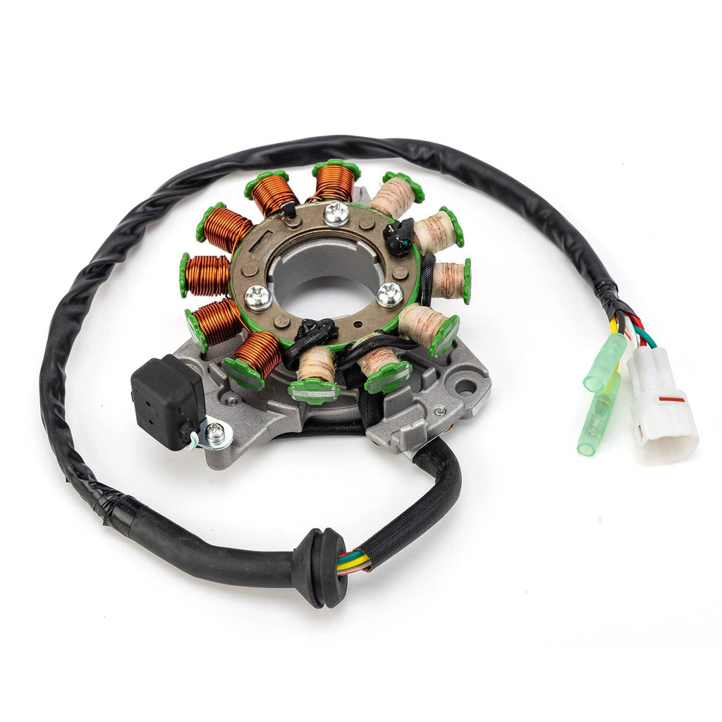 Motorcycle stator assembly with copper coils, green-ring leads, and black wire harness