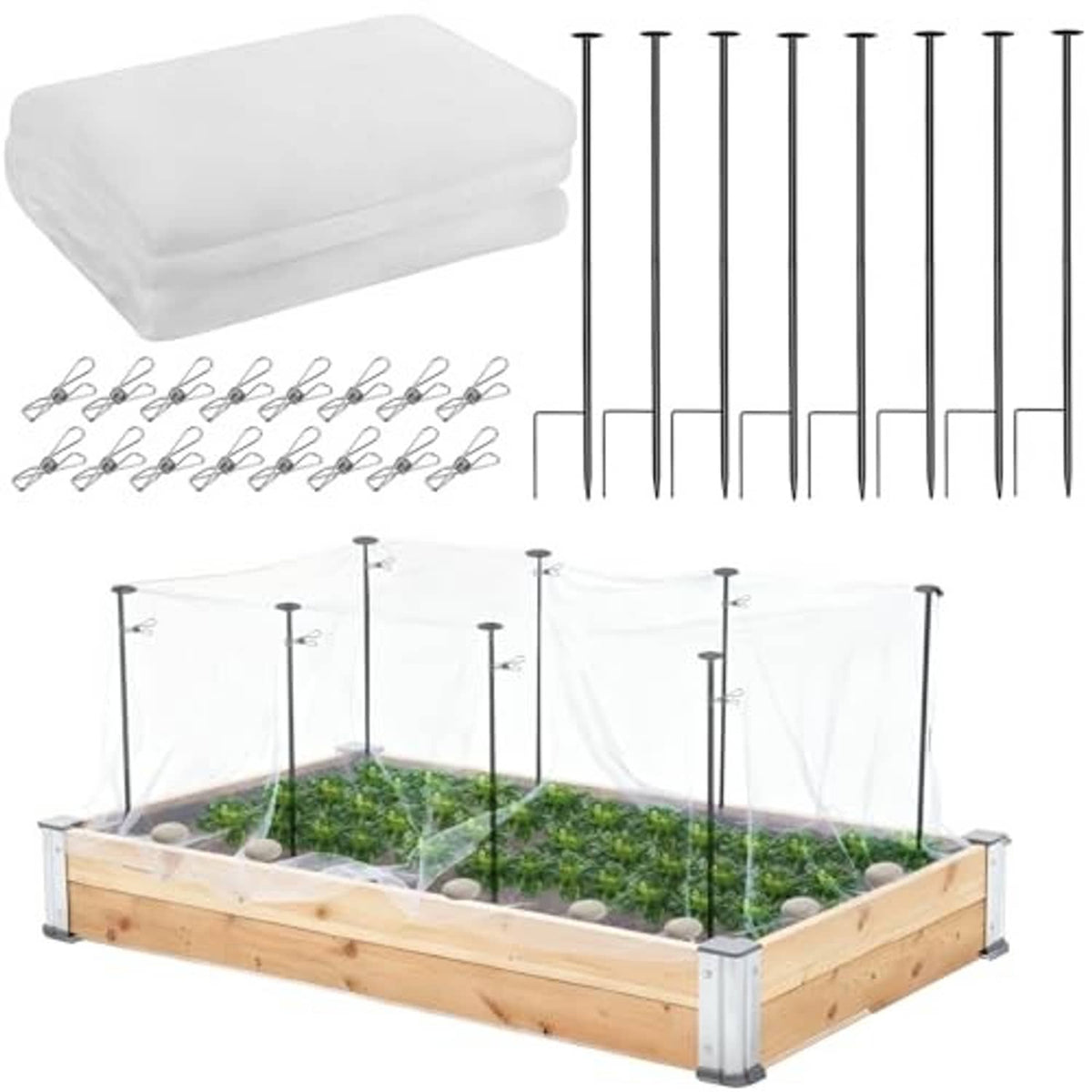 Garden bed netting kit set with white mesh, metal support poles, and ground stakes