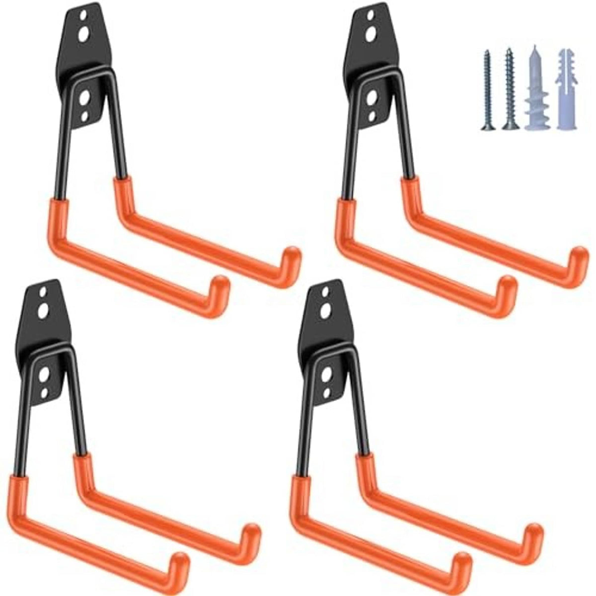 Set of 4 orange U-hook garage hooks with black mounting brackets and screws.
