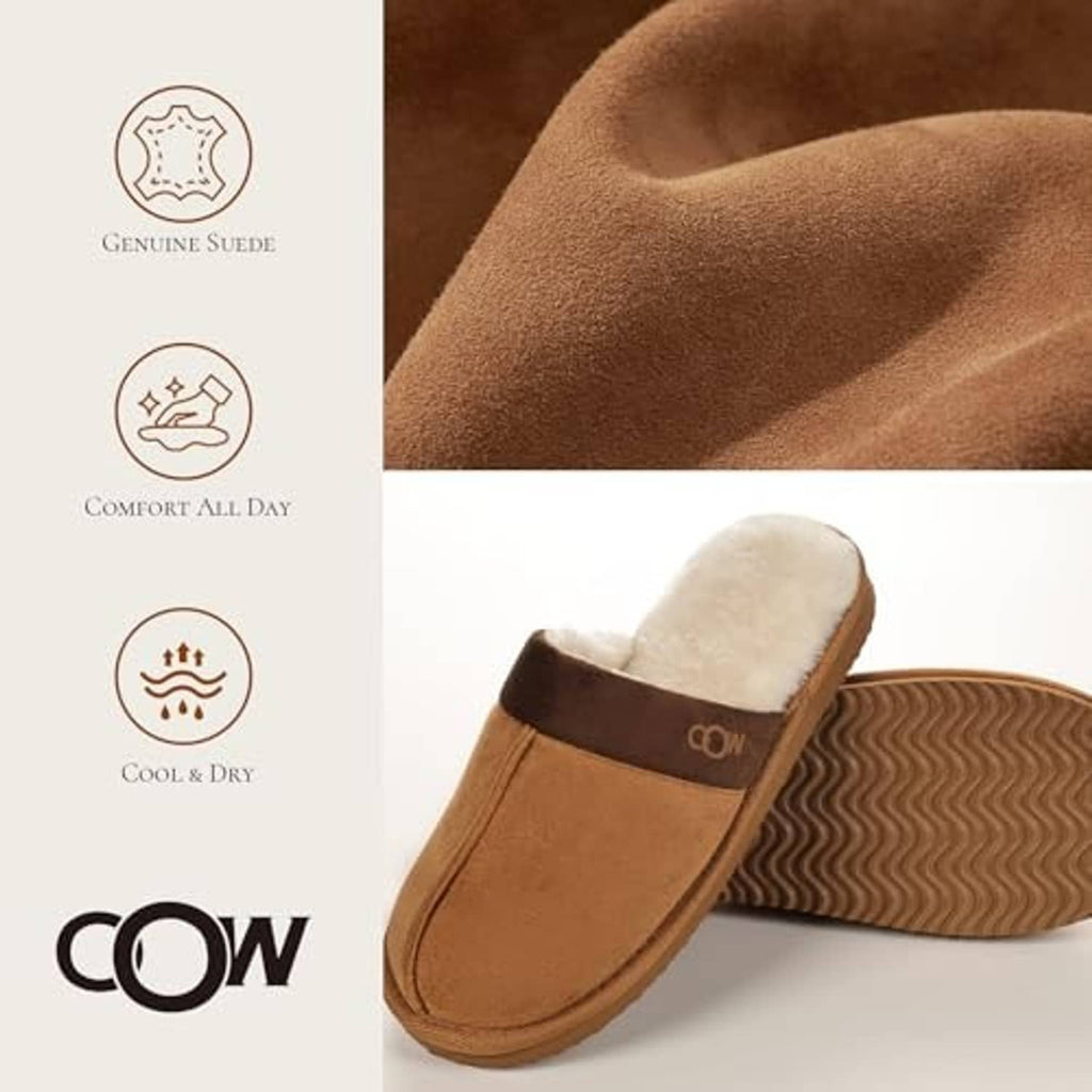 Chestnut suede slippers with white faux-fur lining and textured rubber sole