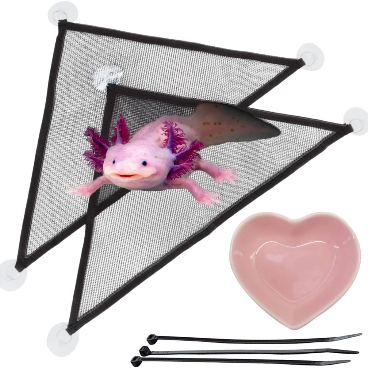 Black triangular aquarium hammock with mesh netting and white suction cups