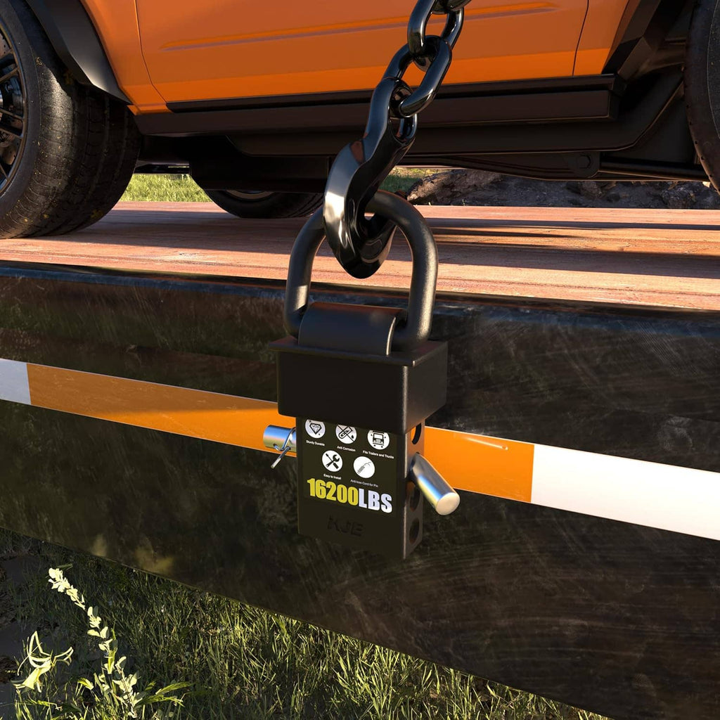Black 1/2 in D-ring stake pocket anchor secured to trailer frame