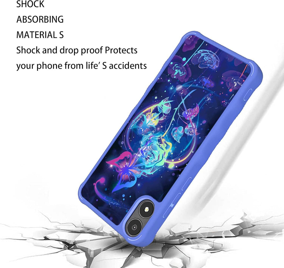 Blue rugged phone case with neon artwork and shock-absorbing bumper edges