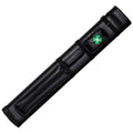 Black vinyl billiard cue case with four-slot storage and green clover logo patch.