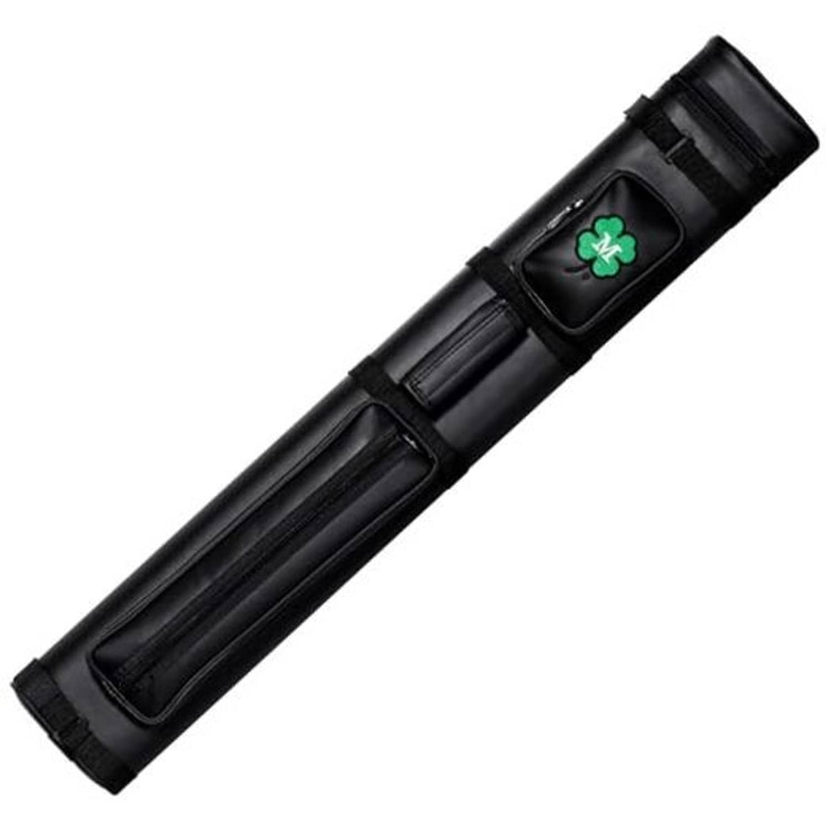 Black vinyl billiard cue case with four-slot storage and green clover logo patch.