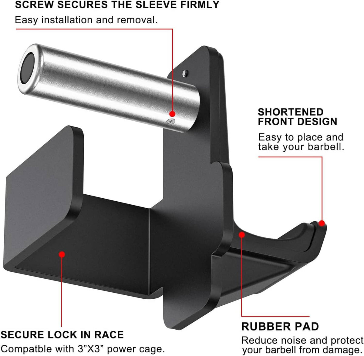 Black reinforced steel J-hooks with rubber pad and front cradle bar-sleeve design
