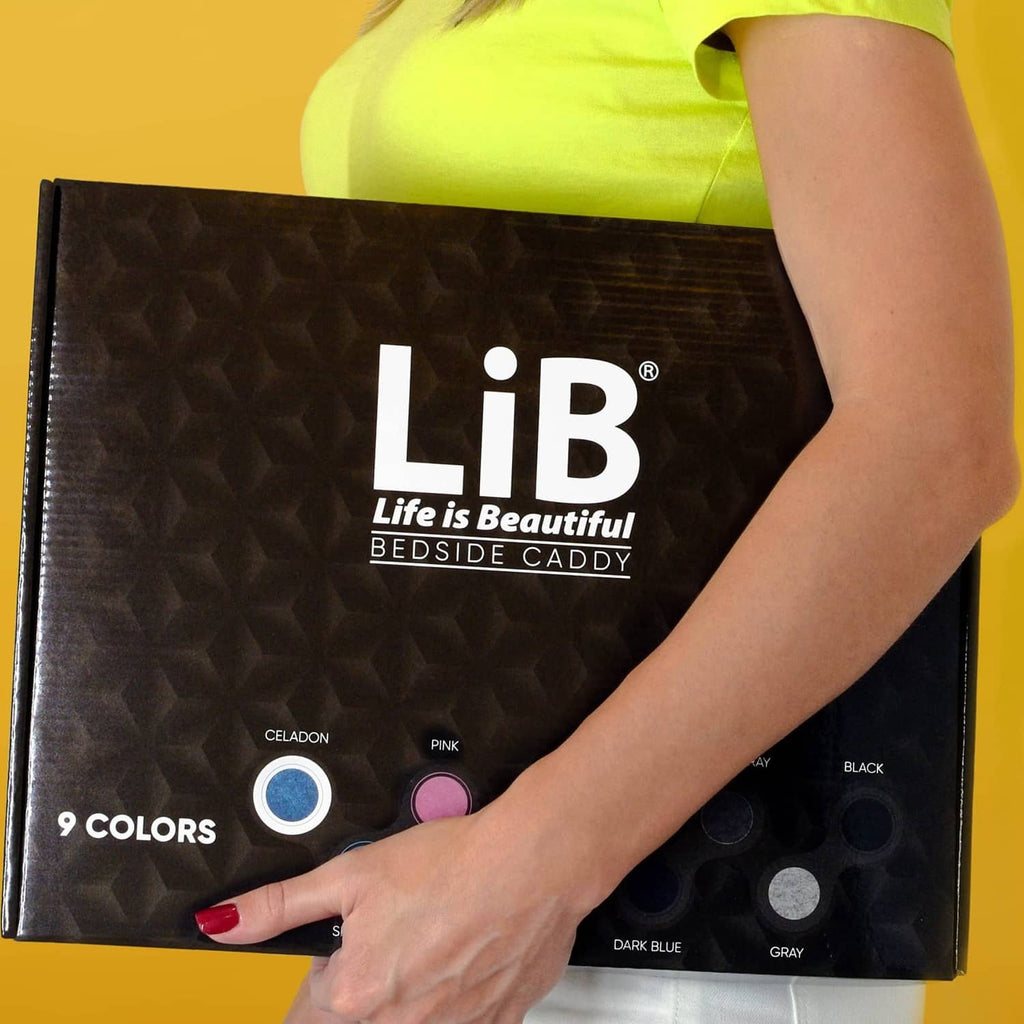 LiB bedside caddy product box showing light gray felt storage caddy color options