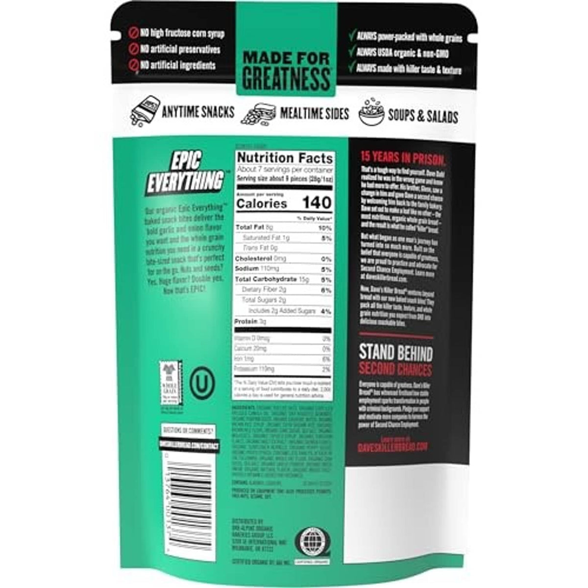 Dave's Killer Bread Epic Everything Snack Bites nutrition facts panel on back of pouch