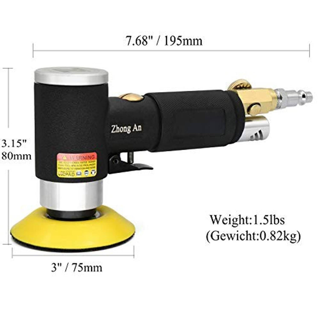 Front view of dual-action air orbital sander with black grip and yellow 3-inch pad