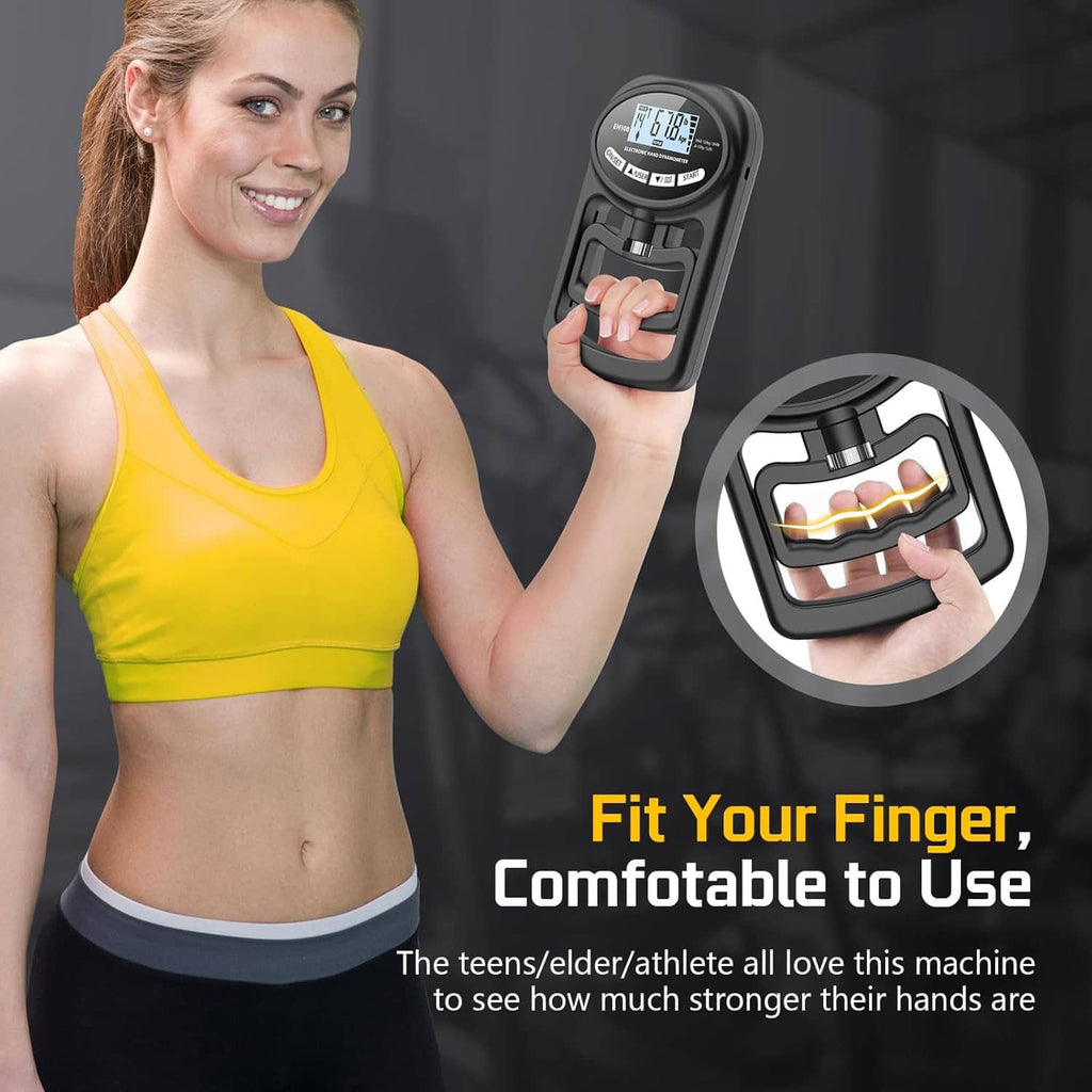 Black electronic hand grip dynamometer with LCD screen and finger-grip cradle.